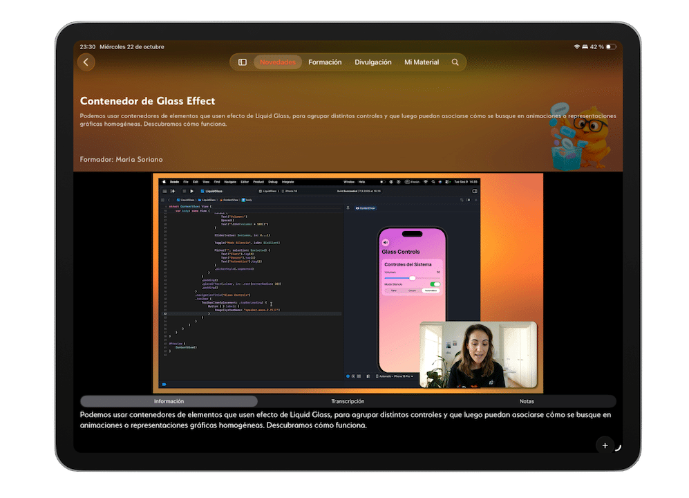 Pantalla de práctica en Be Native con ejercicios de Swift y recursos de apoyo.